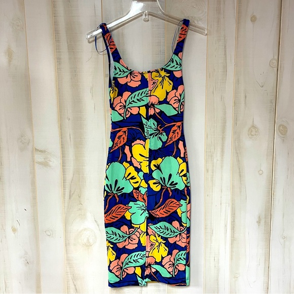 NWT Zara Trafaluc Blue Yellow Green Floral Bodycon Sleeveless Dress Sz S - Picture 2 of 6